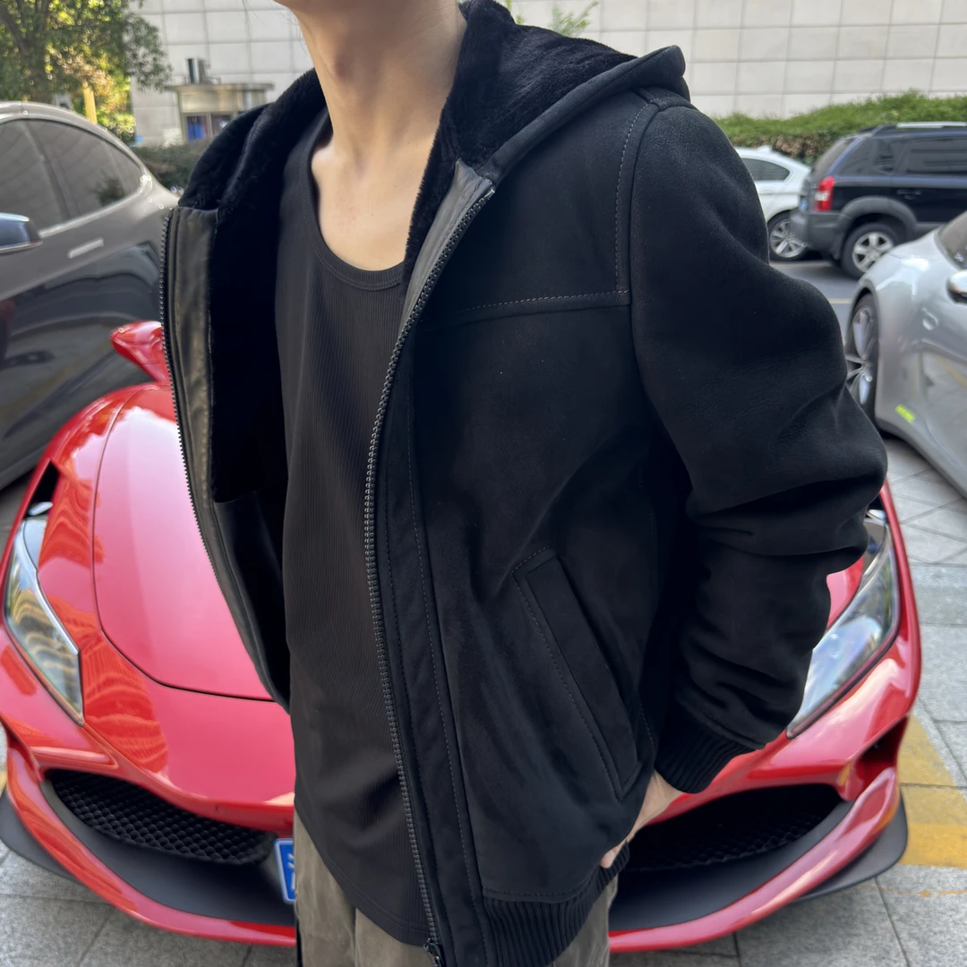 99新 Prada/普拉达 重磅皮毛一体羊毛皮草连帽夹克/50/工价73800