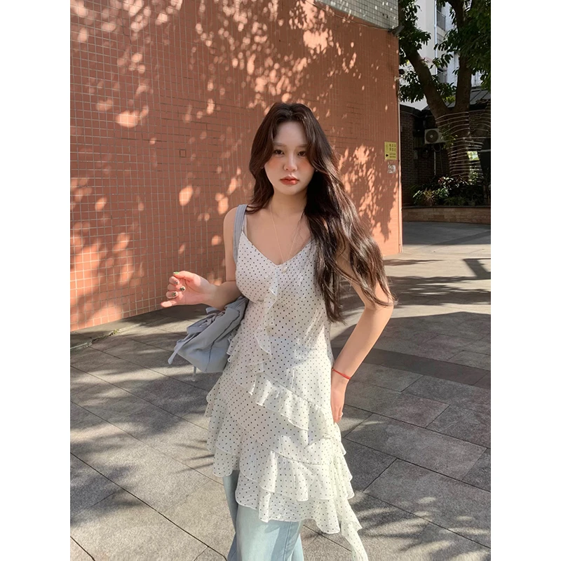 【心动邂逅】春夏新款绿野仙踪吊带连衣裙女荷叶边白色波点裙