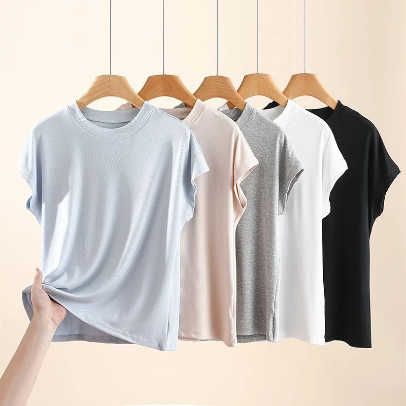螺纹棉欧版圆领短袖T恤女宽松大码打底衫洋气百搭半袖上衣夏薄款