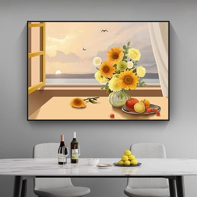 C8花开富贵餐厅装饰画现代简约大横版饭厅挂画九鱼招财晶瓷画