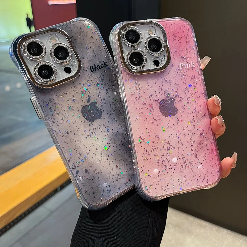 适用苹果系列iPhone16新款手机壳高级晕染粉银灰色闪粉镜头支架