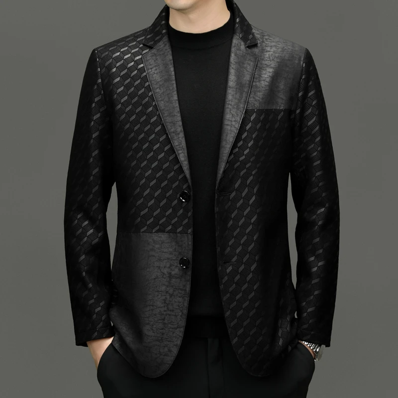 海宁真皮皮衣西装领男修身型复古帅气油蜡绵羊皮衣春秋休闲商务