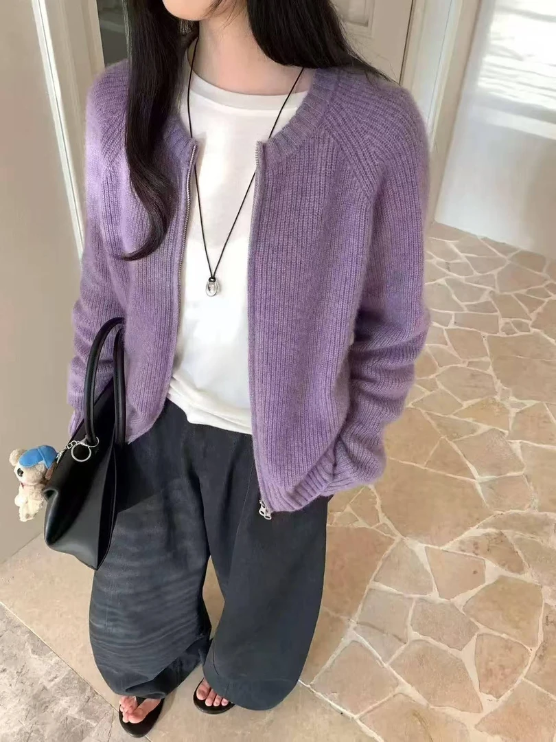 【风信紫双拉链】小个子加厚！风信紫双头拉链宽松针织开衫女外套