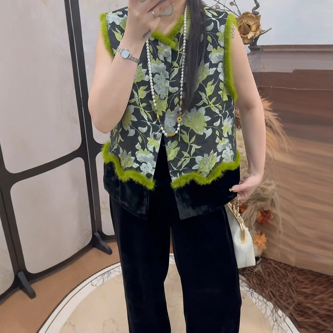 新中式高级感轻奢水貂毛夹棉马甲女2025秋冬新款复古提花丝绒马夹