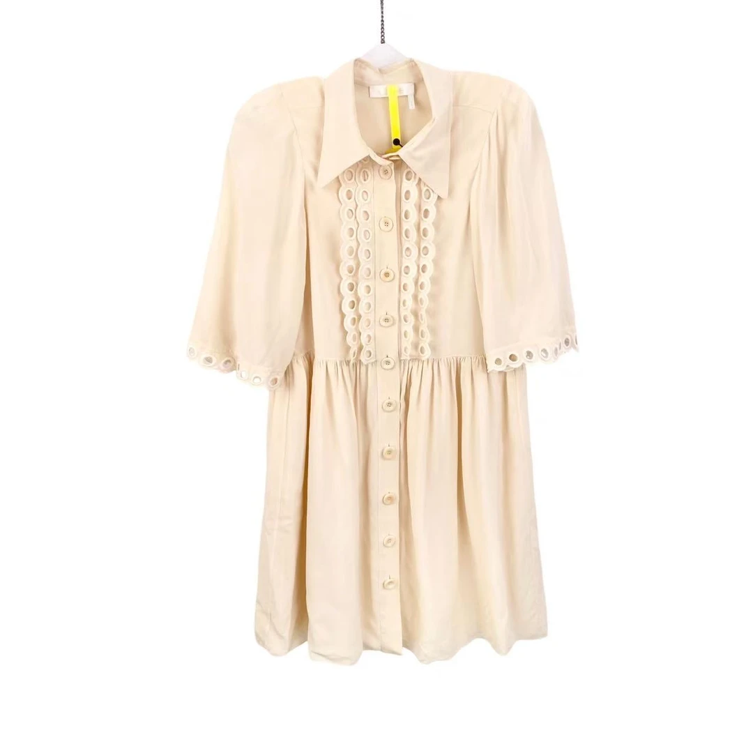 95新 Chloe/蔻依  pp1044 桑蚕丝 镂空绣花真丝连衣裙 36码 微污