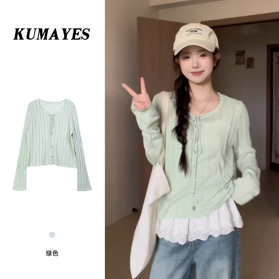 KUMAYES 简约薄荷绿镂空系带长袖针织衫女春季薄款宽松喇叭袖上衣