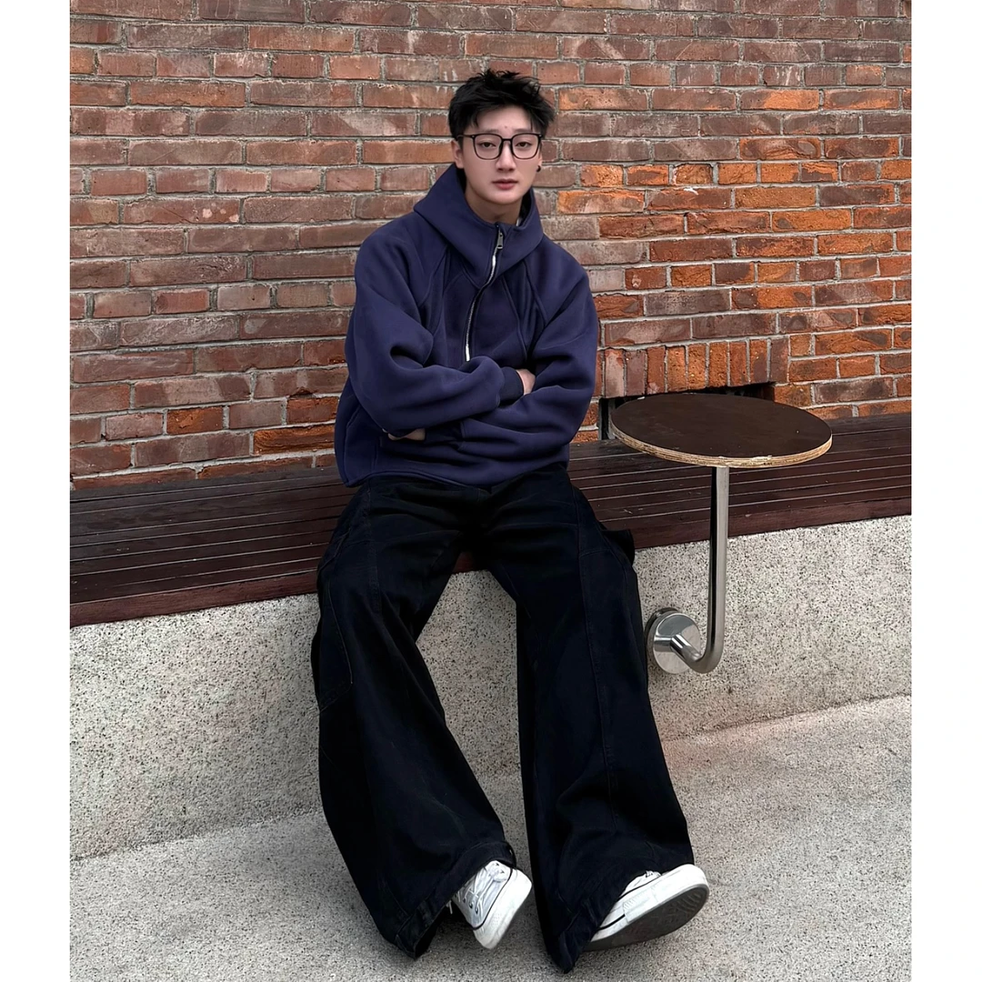 美式半拉链卫衣男女款潮牌设计感连帽重磅硬挺短款外套百搭秋冬季