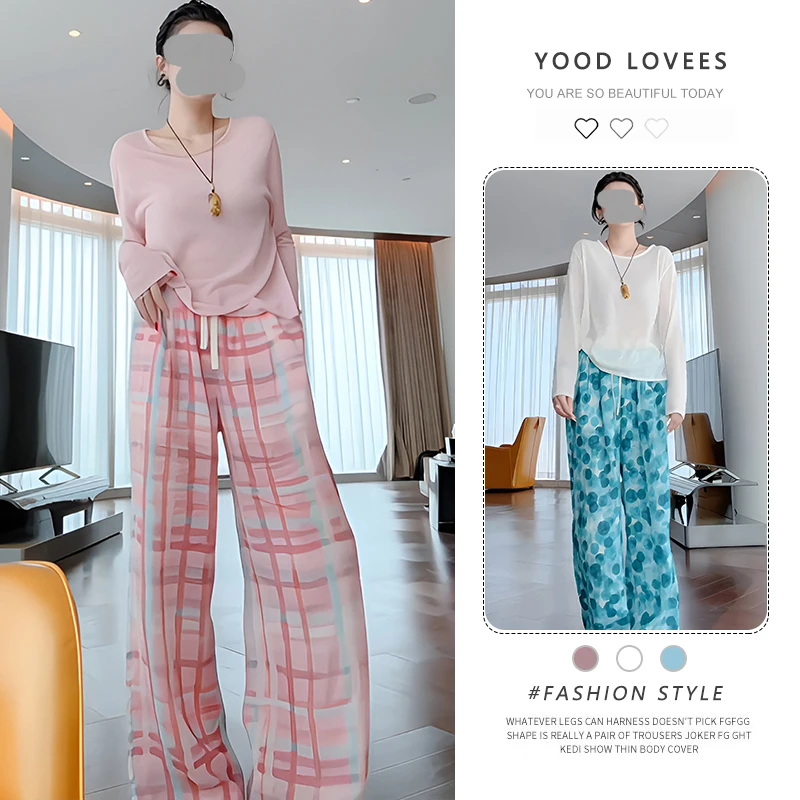 蕾丝露背长袖防晒罩衫上衣女2025新款夏季抽绳印花阔腿休闲裤套装