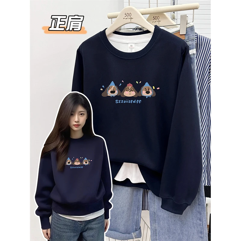 正肩可爱趣味小狗印花上衣女胖mm显瘦遮肉宽松卫衣设计感百搭上衣