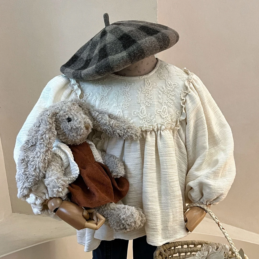 ryebread/黑面包童装 韩系蕾丝拼接女小童花苞袖加绒娃娃衫秋冬