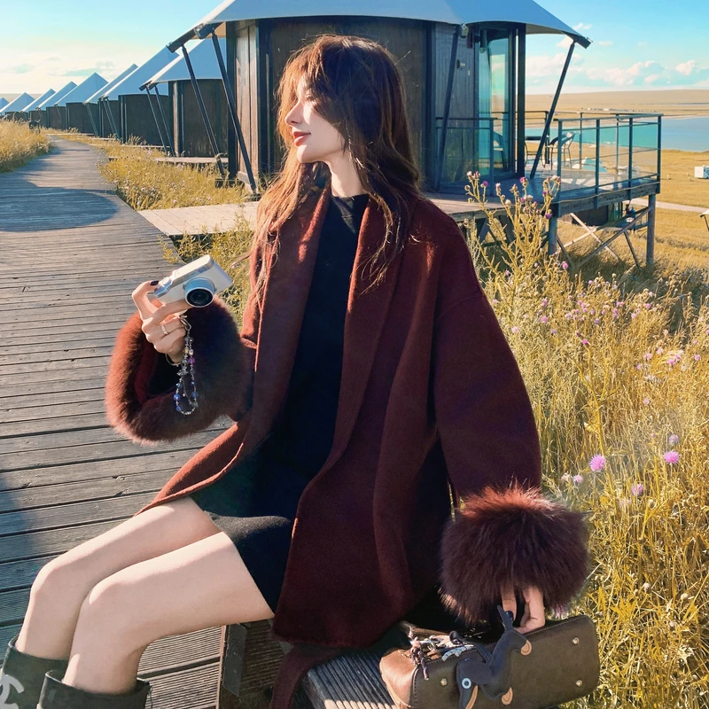 袖口狐狸毛双面呢子大衣女2025年新款韩版宽松显瘦小个子毛呢外套