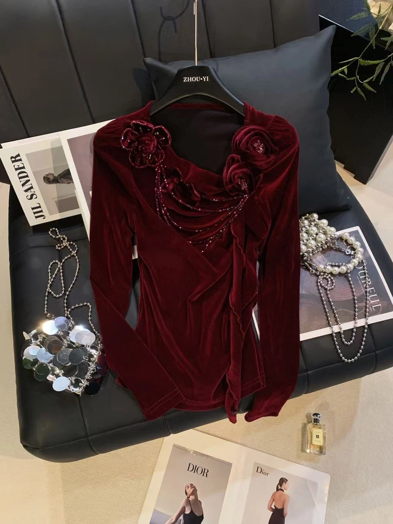 ZHOUYI/周一 2025冬季红色圆领飘带花卉针织衫百搭优雅上衣女