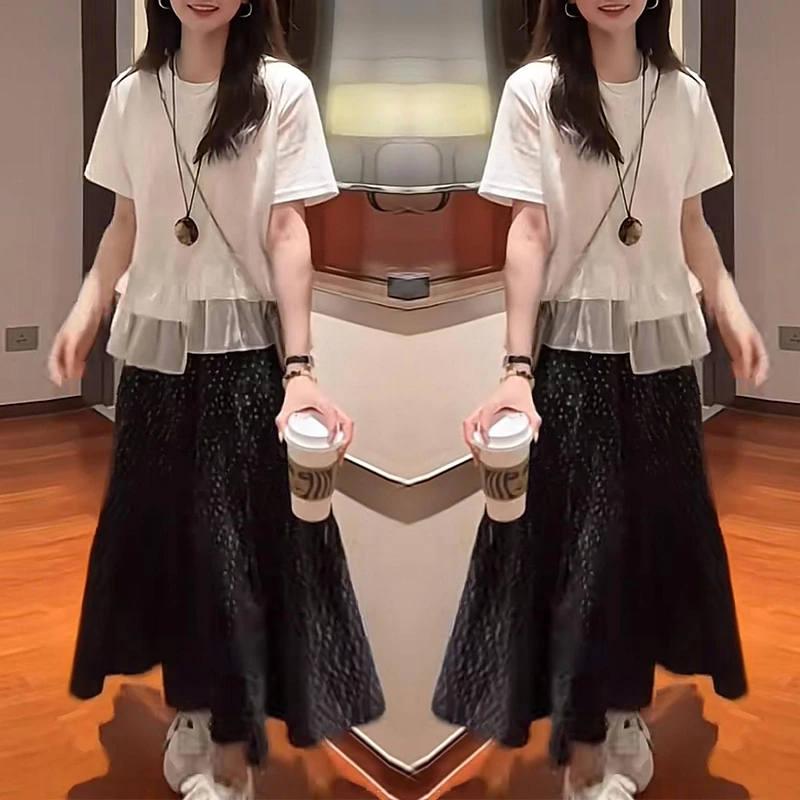 夏季时尚一整套女装2025新款拼接短袖上衣高腰碎花半身裙两件套潮