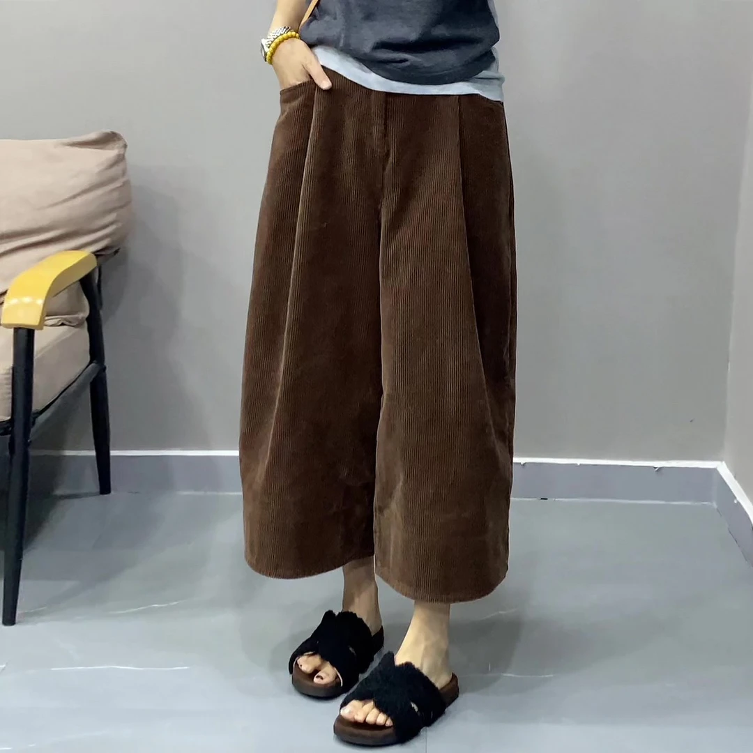 咖色灯芯绒阔腿裤女2025年秋季新款高腰宽松显瘦休闲直筒九分裤子