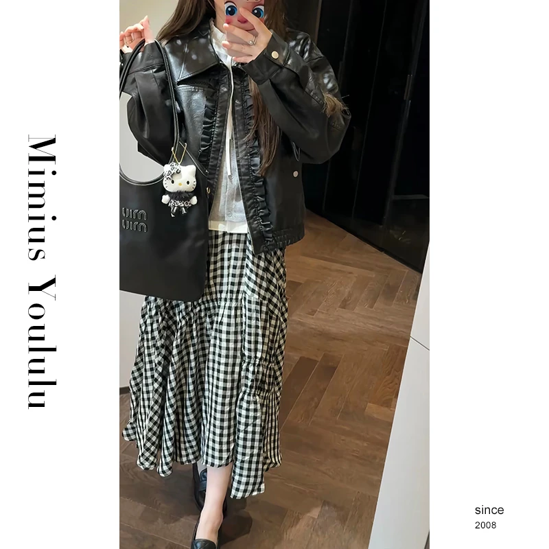【mimius】P 复古重工木耳边宽松翻领夹克皮衣外套+格纹半裙G07451
