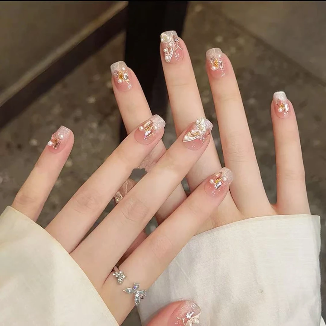 纯手工光疗蝶恋月光美甲贴果冻贴片指甲成品穿戴甲美白简约气质