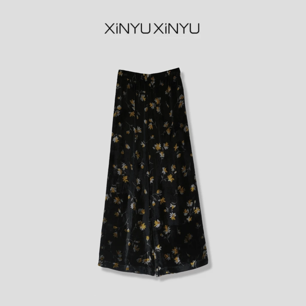 XINYU/芯与高定古风中式复古高级花色真丝丝绒裤 26J135 气质