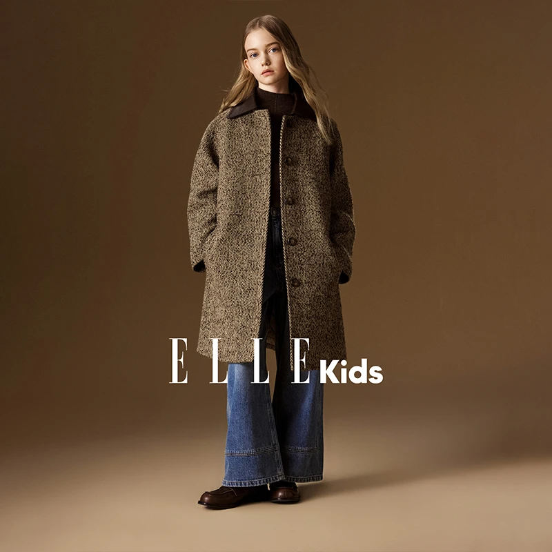 ELLE KIDS童装 绗棉插肩袖羊毛大衣女童冬季新款廓形百搭外套D5