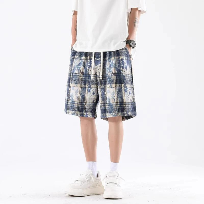 美式复古扎染格子外穿休闲短裤男夏季情侣潮牌运动薄款大码五分裤