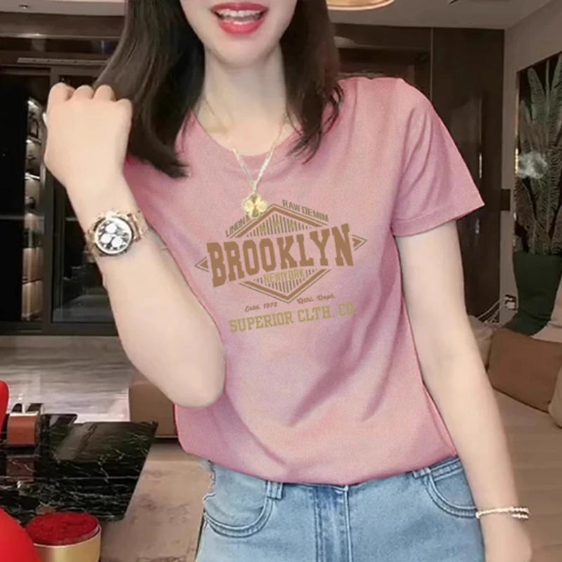 2025新款粉色圆领宽松正肩短袖T恤女夏季慵懒休闲纯棉洋气上衣潮