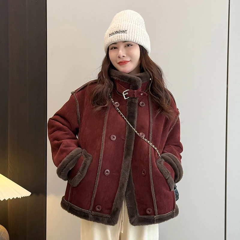 秀秀家双排扣短外套女2024新款宽松显瘦加厚今年流行仿麂皮绒冬季