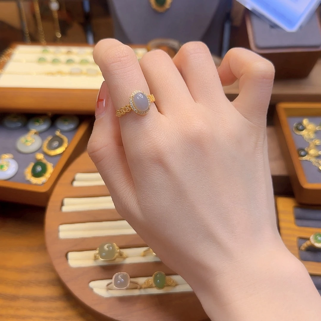 和田玉戒指银S925镀金镶嵌