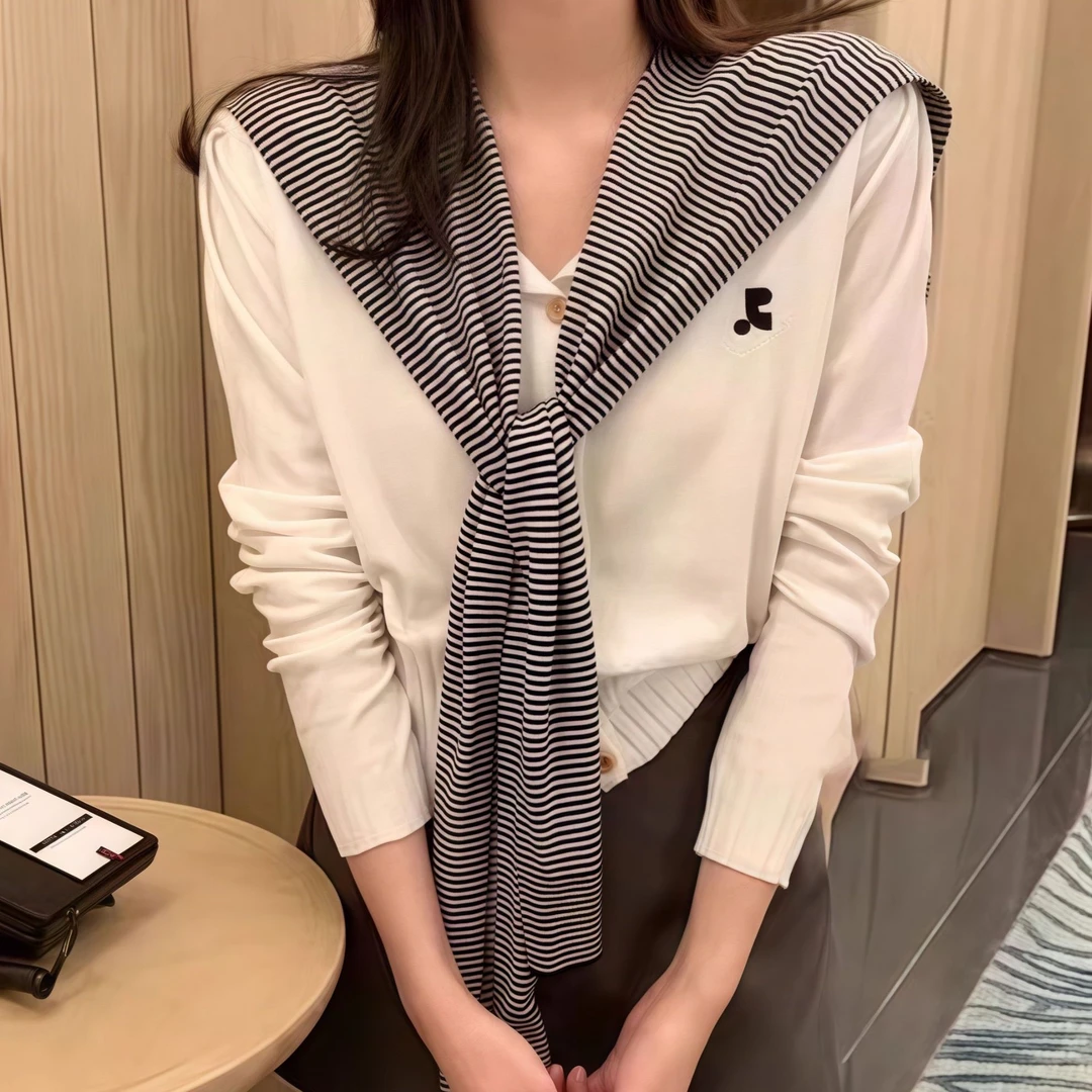 韩系白色撞色针织开衫女2025早秋季新款减龄披肩假两件上衣ins潮