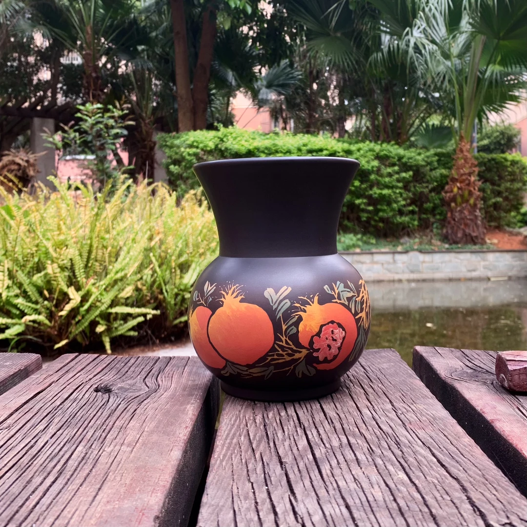 云南建水紫陶茶多福石榴斗茶渣罐花瓶陶瓷插花器新中式电视柜摆件