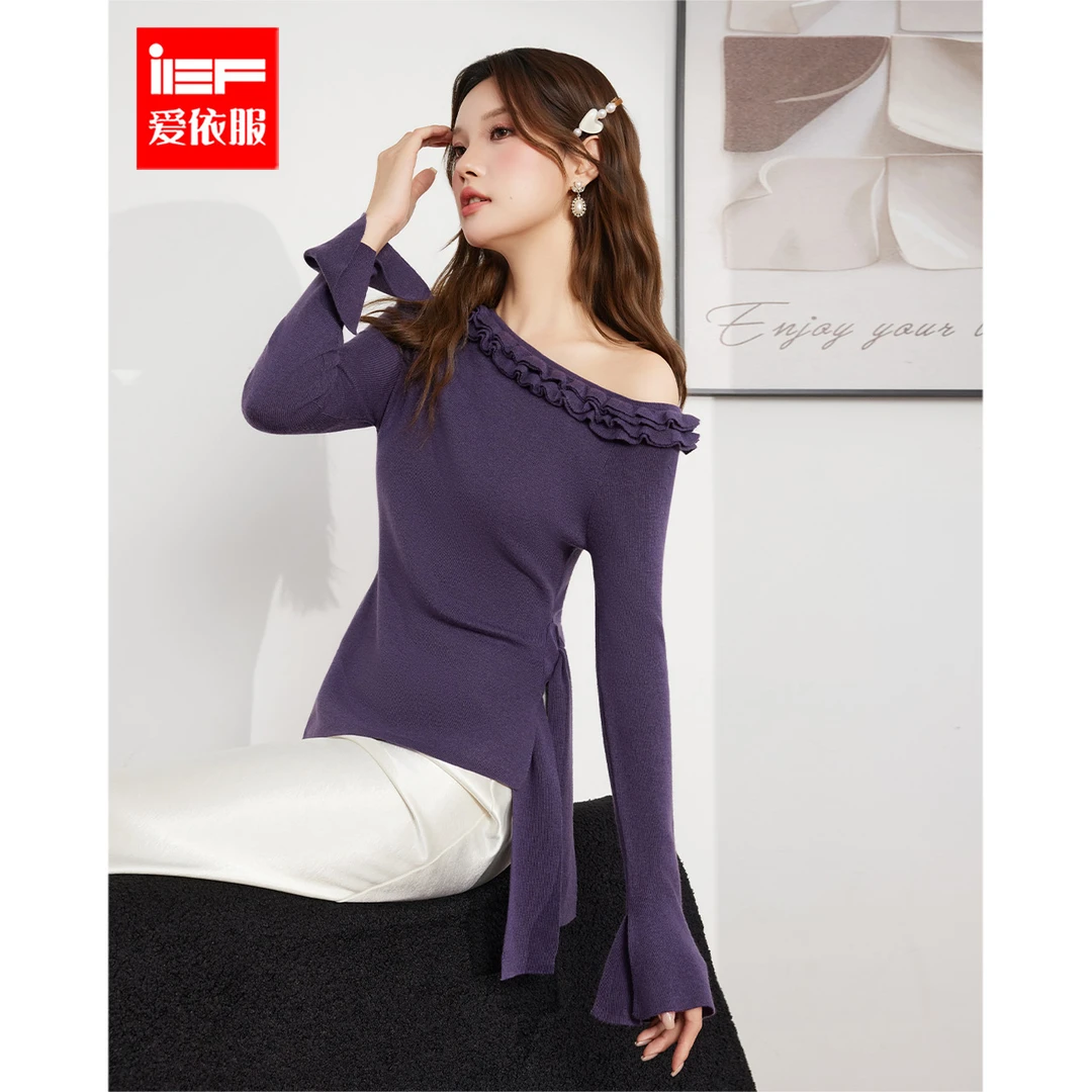 IEF/爱依服2025秋季新款露肩绑带气质显瘦喇叭袖设计感毛织上衣