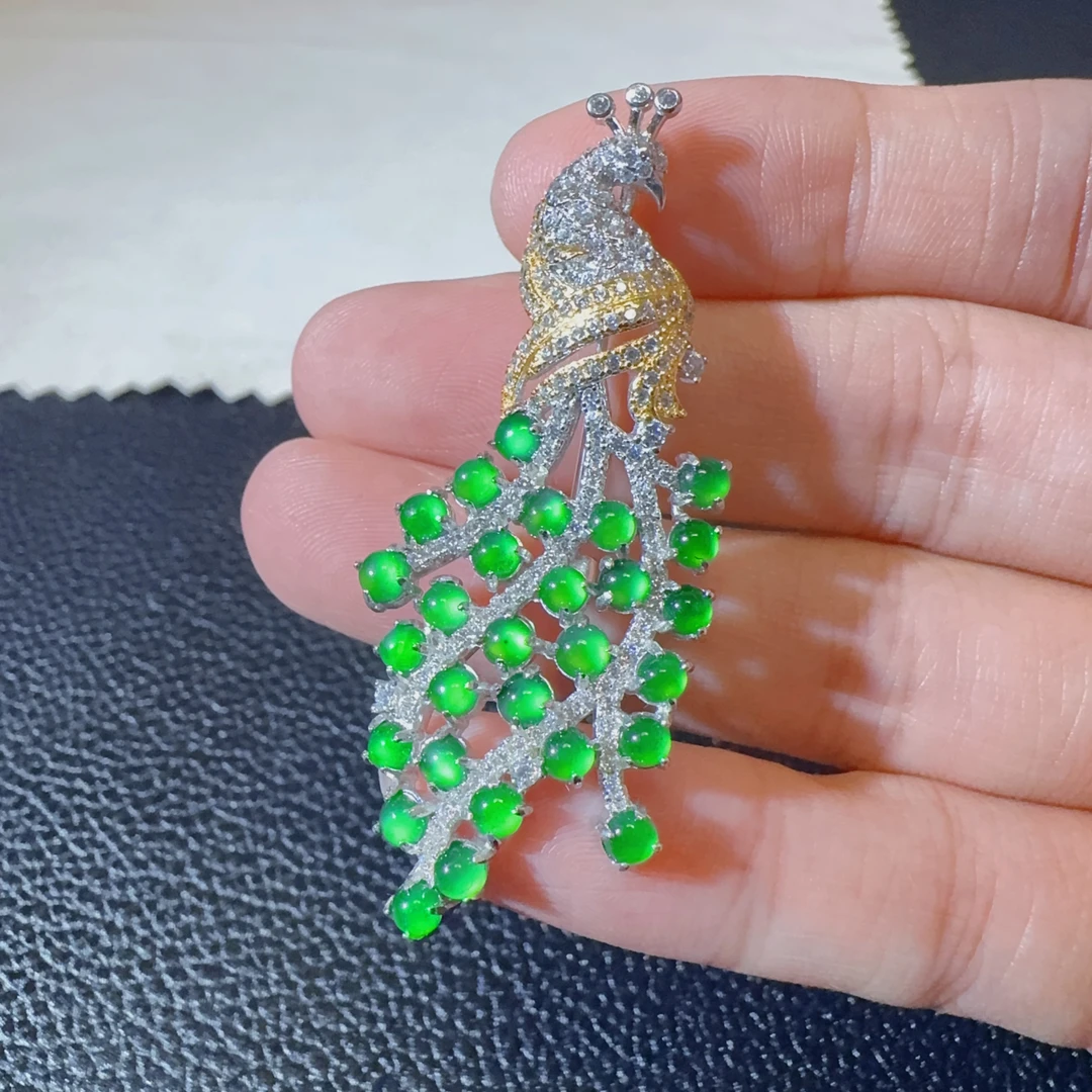 【有凤来仪】天然a货翡翠阳绿蛋面吊坠胸针两用款凤凰重工复古0460