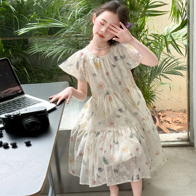 女童连衣裙夏季6-12岁儿童裙子夏装洋气网红女孩碎花小飞袖公主裙