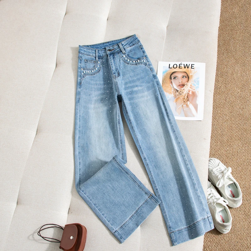 高腰阔腿裤牛仔裤女2025春季烫钻新款百搭宽松直筒显瘦时尚潮7856
