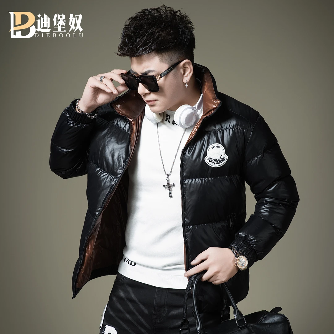 欧洲站高端轻奢立领羽绒服男士新款冬季亮面字母保暖面包服外套