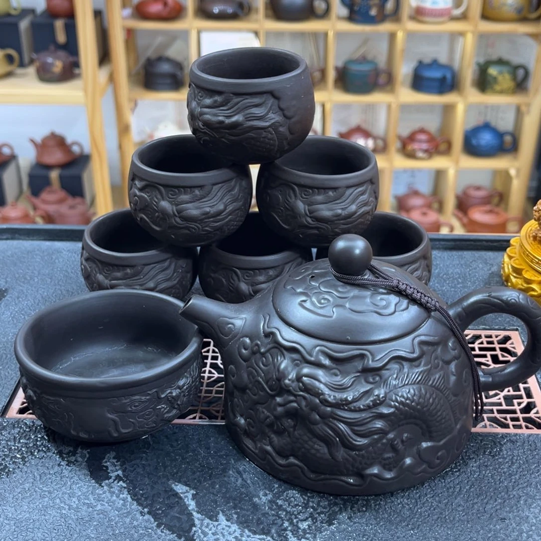 紫砂紫砂盘龙大石瓢（一壶七杯）
