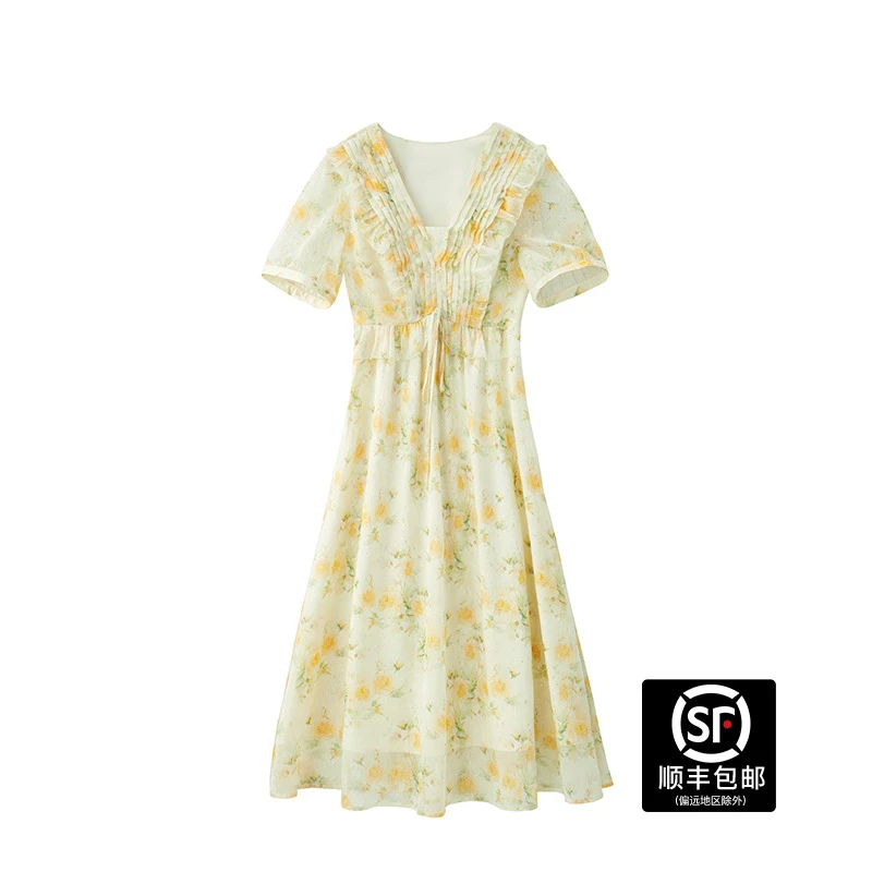 蓝语大码女装法式碎花长裙夏季修身显瘦茶歇连衣裙子23XL325