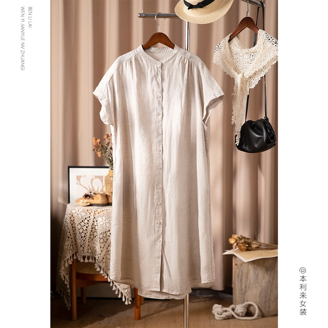 【本利来】文艺单排扣亚麻连衣裙女夏季薄款宽版舒适中长款衬衫6559