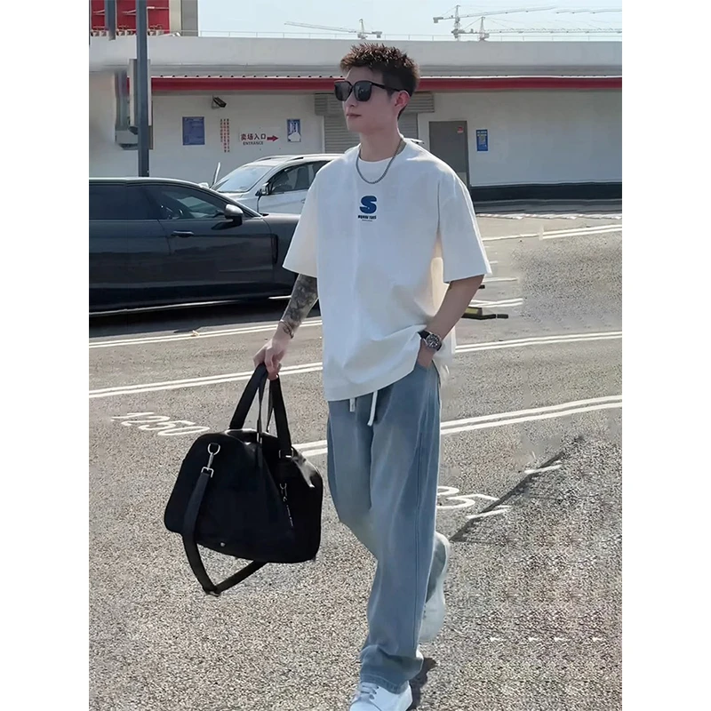 浅蓝色冰丝牛仔裤男款夏季薄款美式青少年酷帅裤子直筒宽松阔腿裤