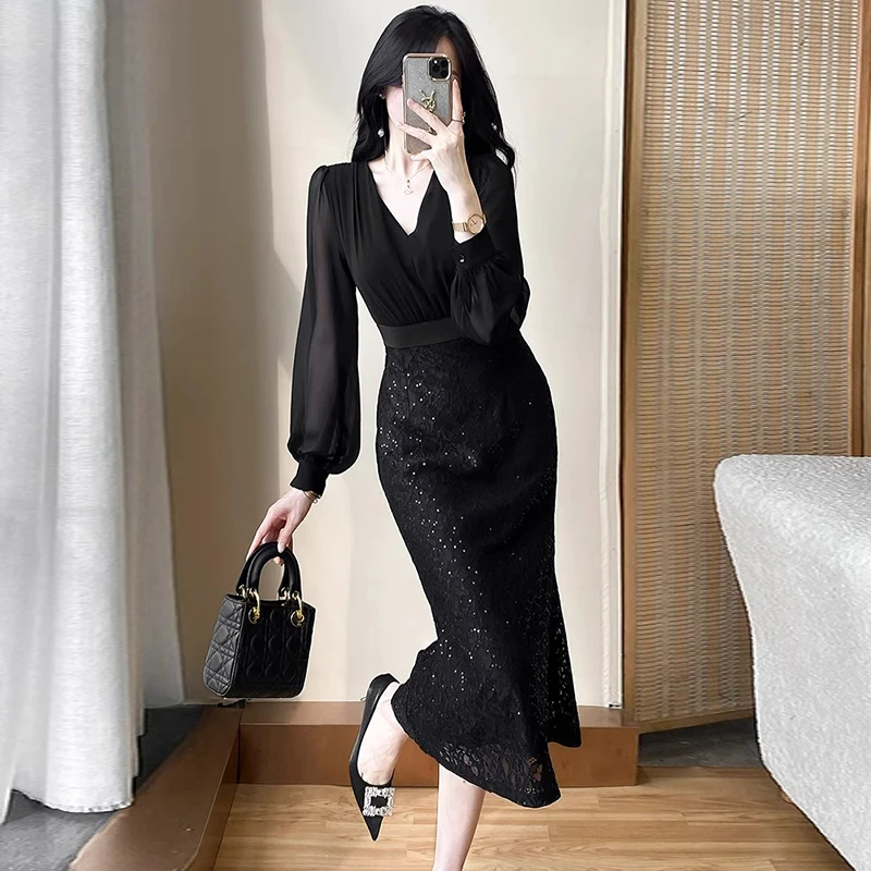 【胜佳】【有里布】高端轻奢修身包臀蕾丝连衣裙黑色长裙鱼尾裙D0590