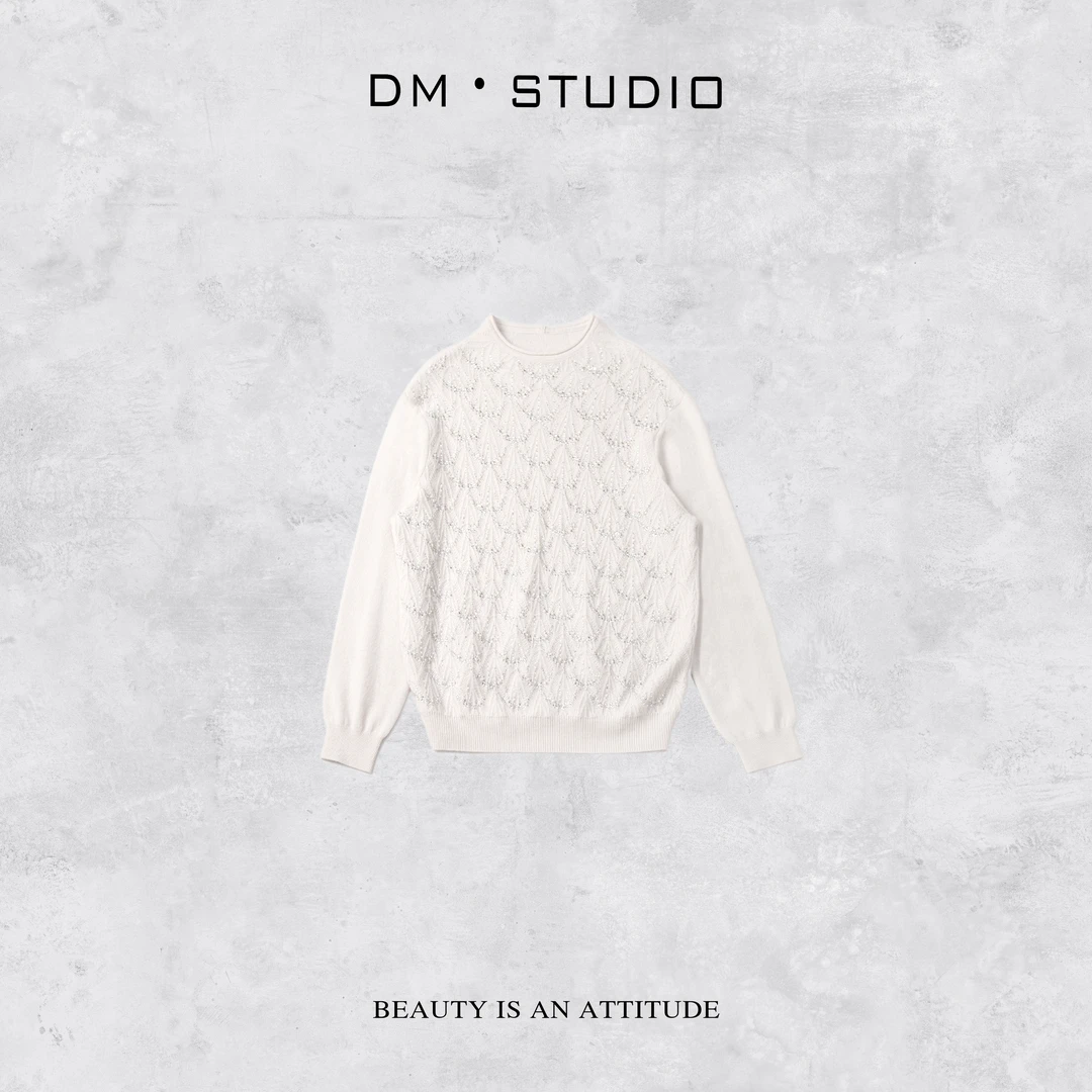 -DM•STUDIO/高级感重工烫钻100%羊绒中领针织衫毛衣（24155）