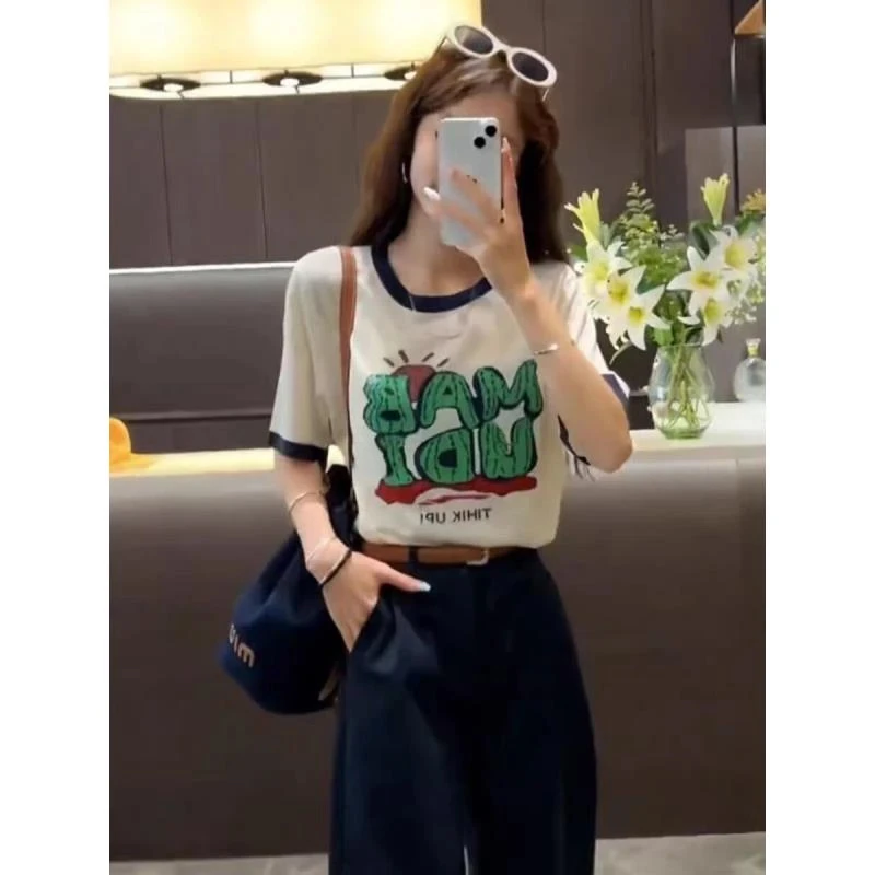 短袖针织T恤女夏2025新款字母刺绣小衫减龄撞色时尚百搭上衣1749