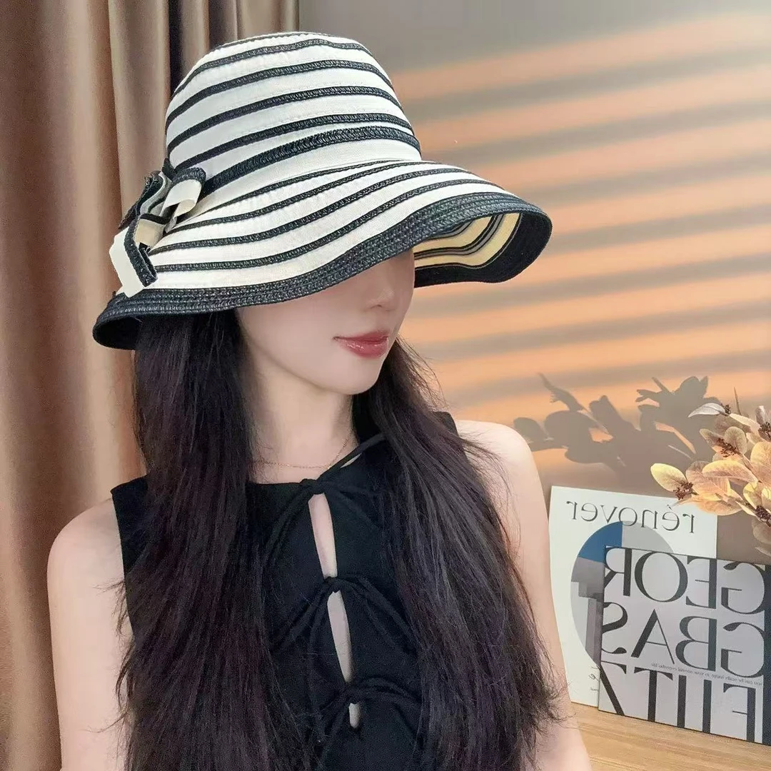 卷边女士太阳帽韩版时尚条纹帽子潮网红遮阳帽户外旅游防晒沙滩帽