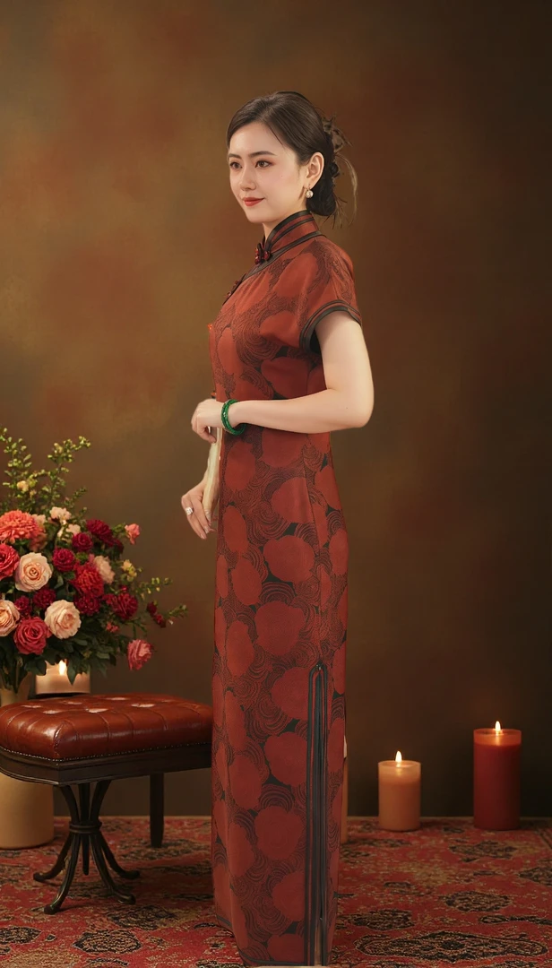 【姜姜就好*玫瑰物语】古法桑蚕丝香云纱重缎三分连肩全开襟长旗袍