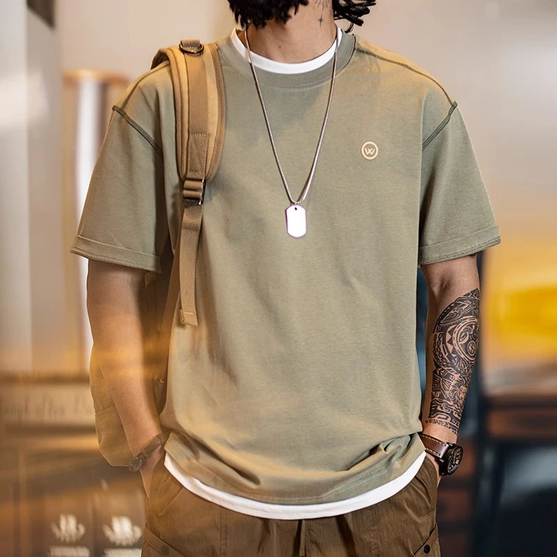 300G重磅短袖t恤男夏季美式潮牌设计感线条纯棉宽松圆领半袖体恤T