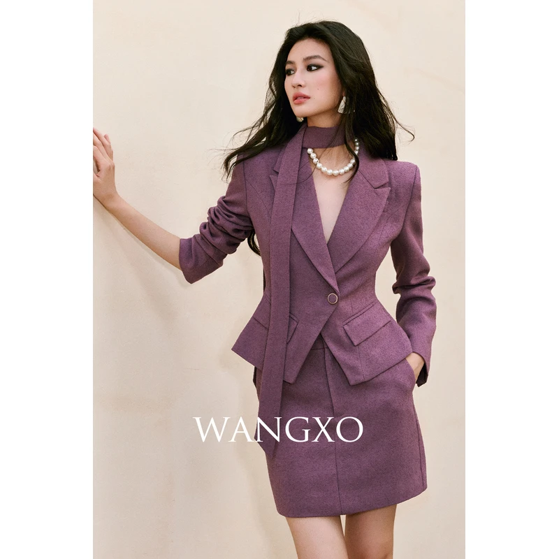 WANGXO  戗驳领飘带收腰气质西装套装 253713W