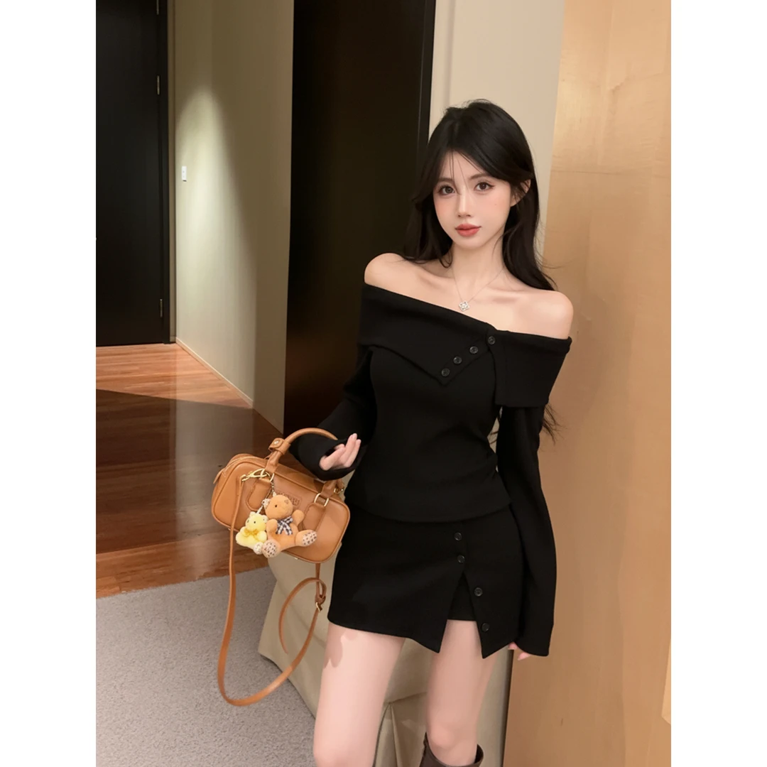 连衣裙气质一字领不规则T恤上衣开叉裙裤千金套装时尚女两件套装