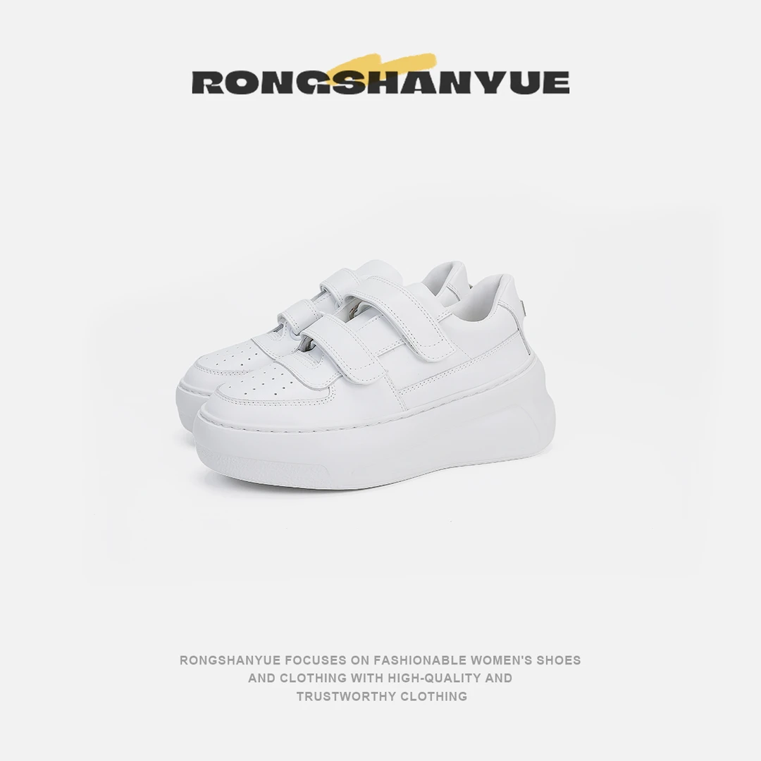 Rongshanyue2024新款笑脸魔术贴小白鞋厚底增高牛皮板鞋女B910