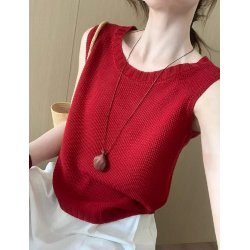 红色高级感气质华夫格背心2025夏季新款韩版百搭显瘦无袖上衣女薄