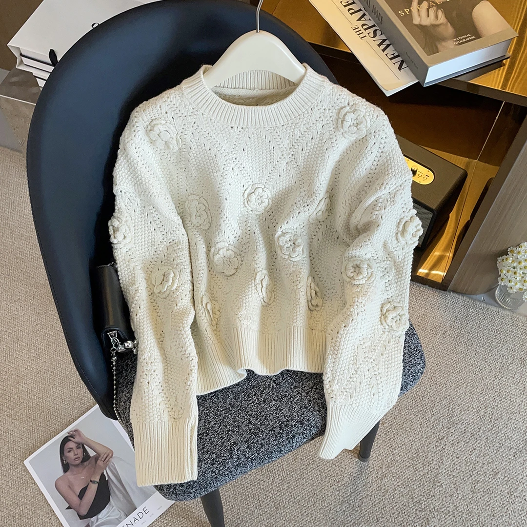 轻奢高端女装25冬季新款法式温柔风立体花朵镂空毛衣针织衫DY9479