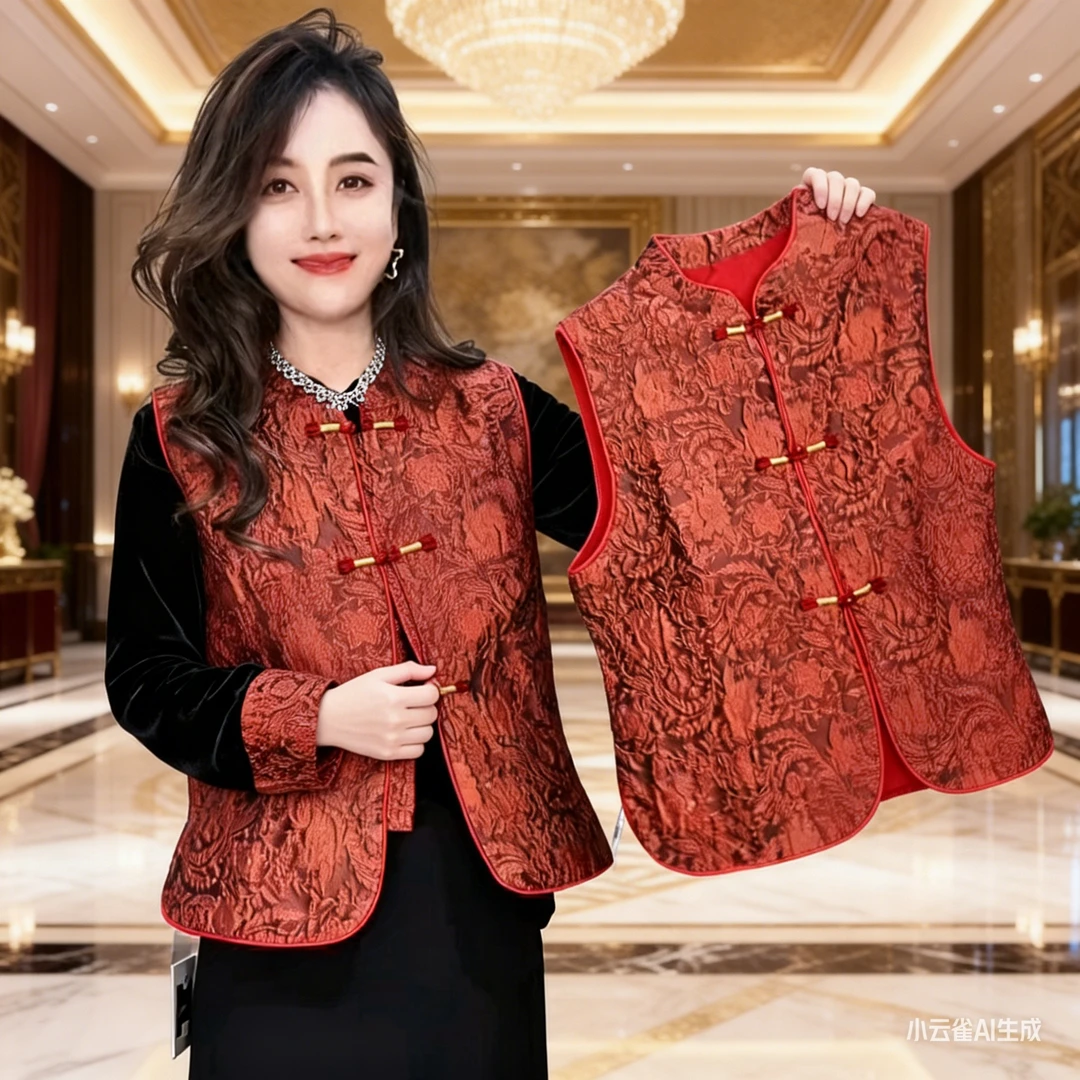 新中式提花盘扣国风时尚复古民族风盘扣马甲时尚打底衫黑色半身裙