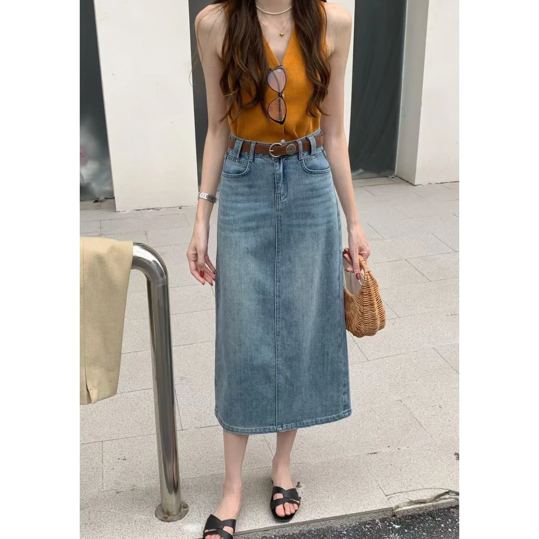 567#高腰显瘦牛仔半身裙复古时尚后开衩中长款气质A字裙